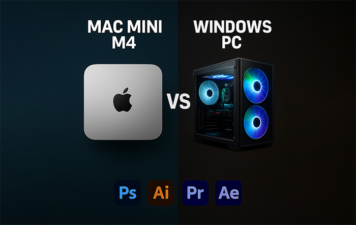 Mac Mini M4 and Windows PC comparison for video editing and graphic design with 24GB RAM in 2025