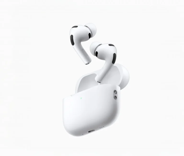 Close-up of Apple AirPods Pro 3 wireless earbuds with charging case on a clean white background, showcasing sleek design, foam ear tips, and premium Apple audio technology