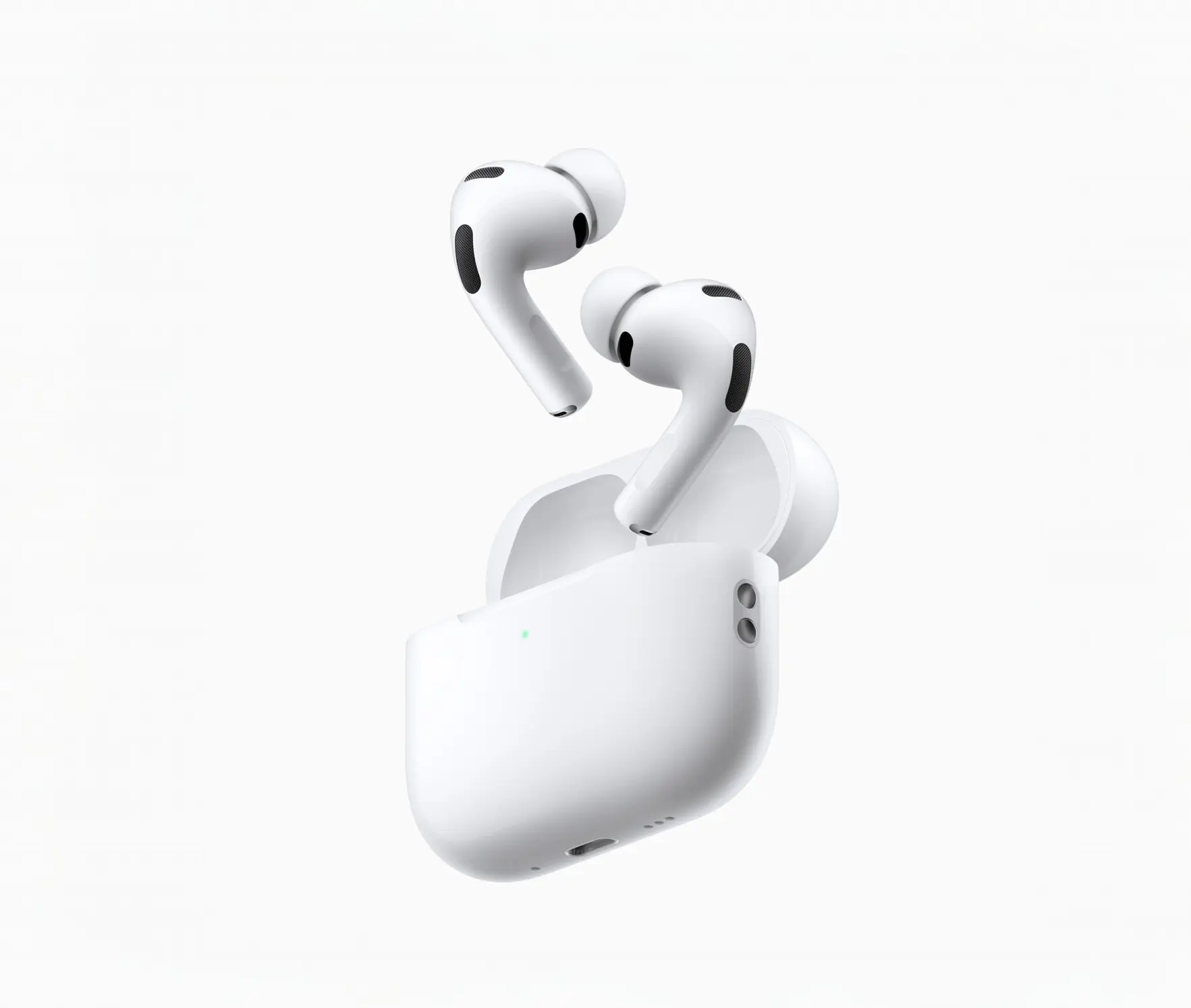 Close-up of Apple AirPods Pro 3 wireless earbuds with charging case on a clean white background, showcasing sleek design, foam ear tips, and premium Apple audio technology